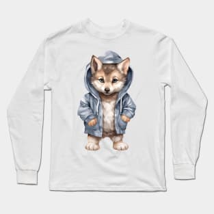 Gray Wolf Wearing Hoodie Long Sleeve T-Shirt